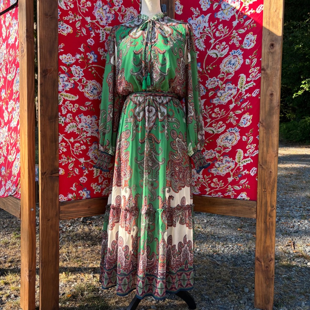 Green Paisley Long Sleeve Boho Tie Waist Tiered Maxi Dress Women's Size M